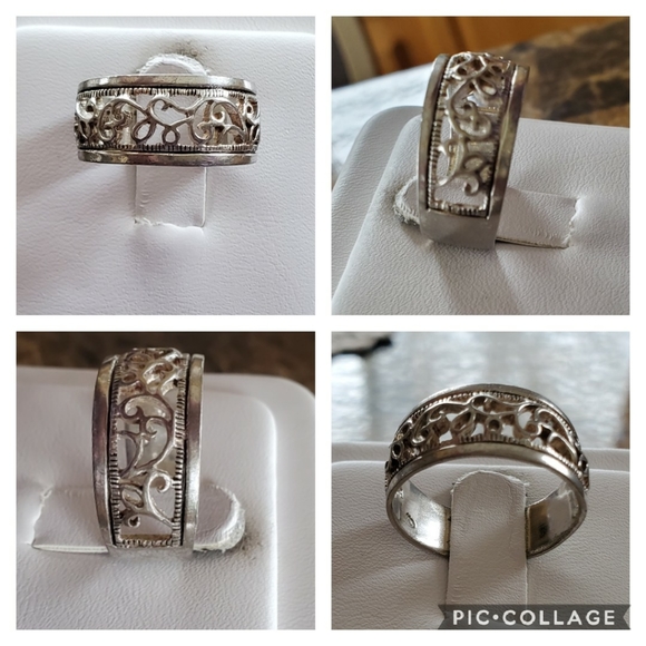 Sterling Silver Scroll Design Wide Band Ring 7.5 - Picture 2 of 6